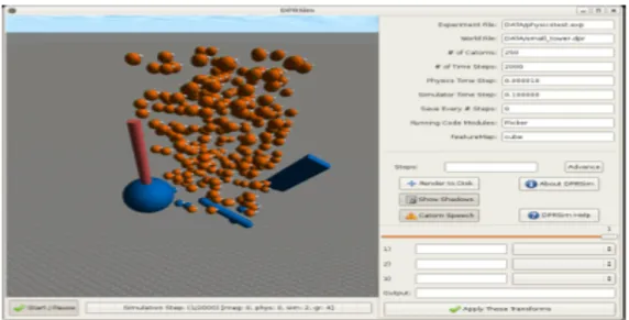 Figure 2.22 – Capture d’´ ecran du simulateur de DPRSim original pour Claytronics. Il int` egre la simulation de l’ex´ ecution distribu´ ee de code, la physique, la visualisation, et le support de d´ ebogage interactif