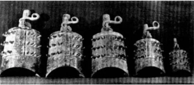 Figure 1-5 : Les cinq Qin Gong yongzhong 乾 , lors de fouilles en 1978 à Taigongmiao, Baoji (Shaanxi)