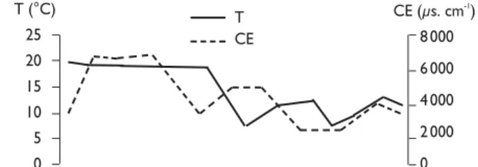 Figure 1b  : Évolution annuelle (1998 - 1999) des tempéra- tempéra-ture (°C), des conductivités électriques (μs