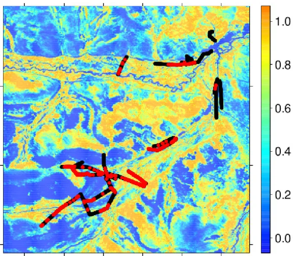 Figure .1: Habitat Suitability Index derived from the NDVI using ML estimates of ˆ α and m ˆ 1 from M 3 overlayed with transect data on small mammal indices