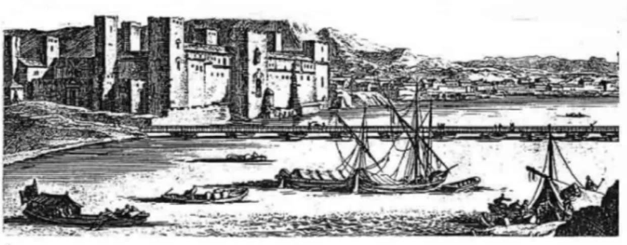 Fig. 2 . — Vue de la forteresse de Triana et du pont de barques (gravure du xviii e siècle)