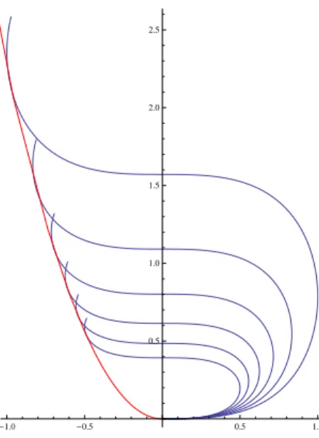 Figure 1.1 – Flot g´ eod´ esique (en bleu) issu du point initial (0, 0) pour λ proche de 1, jusqu’` a un temps l´ eg` erement sup´ erieur au premier temps conjugu´ e