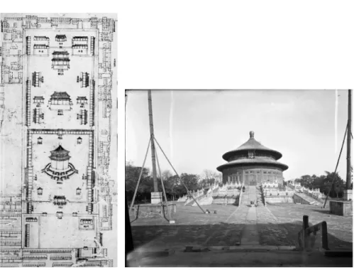 Fig. 4 : Dessin du Da Guangming dian dans la Carte complète de la capitale  京城全圖 (ligne 7, section 8,  七排八段 ) et photographie du temple central, Guangming dian,  prise en 1892 par Charles Vapereau (Collection d’Arnaud Gibault, reproduite avec  son aimable 