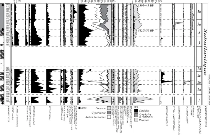 Fig. 6 : Diagramme pollinique du paléochenal des Marais (voir fig. 2 et 5).