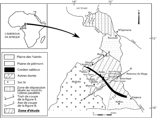 Figure 1.  Localisation de la zone d’étude et principales unités morphologiques du Grand Yaéré.