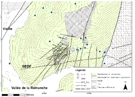Figure 2 Localisation des exutoires des aquifères selon la géologie, des galeries de mine (G585) et de  reconnaissance (G710) et de la galerie EDF