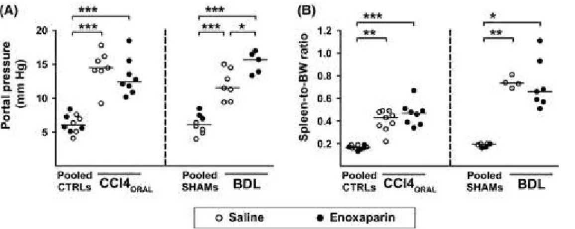 Figure 5 Effect of enoxaparin on the development of portal hypertension in rats with cirrhosis induced by oral gavage with  CCl4 (CCl4 ORAL ) or by bile duct ligation (BDL)