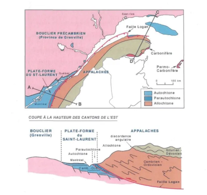Figure 4 : Domaines structuraux aux alentours de Québec (tirée de Bourque, 1997, et adaptée de Brisebois et Brun, 1994)