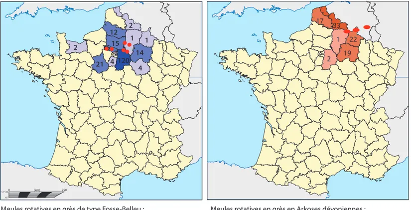 Fig. 3. Cartes de répartition des meules des appellations types Grès de Fosses-Belleu et Arkose de Macquenoise .