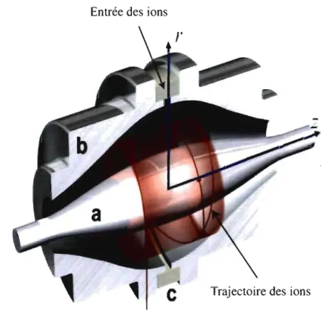 Figure  1.11  :  Vue  en  coupe  de  l'analyseur  de  masse  Orbitrap.  Électrode  centrale (a), électrode externe (b), anneau de céramique isolante (c)  [62]