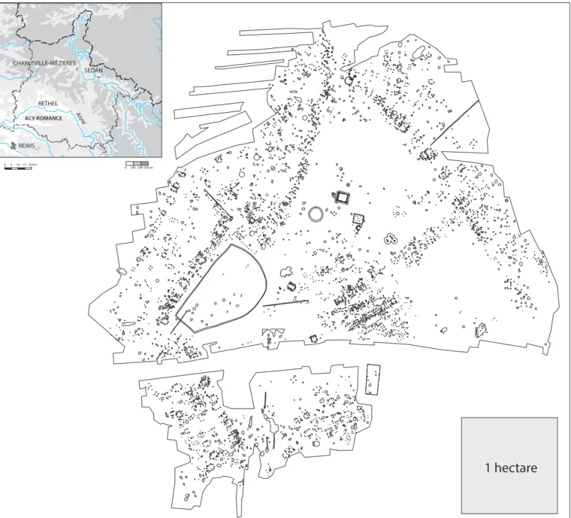 Fig. 1. Localisation et plan général du site d’Acy-Romance (Ardennes) .