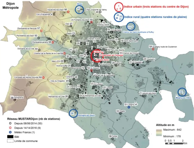 Figure  1.  Carte  du  réseau  MUSTARDijon  et  élaboration  des  indices  « urbain »  et  « rural »1.3  Définition  des  canicules et mise en relation avec l’ICU