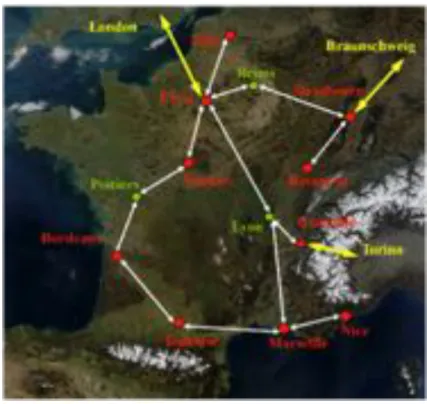 Figure 1.4 – Réseau national français REFIMEVE+ avec les ouvertures vers l’Europe.