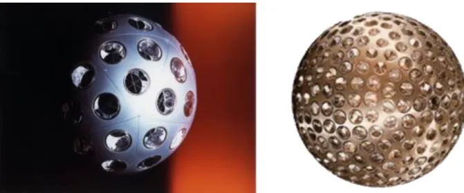 Figure 2.2 – Starlette (crédit CNES) à gauche, composé de 60 réflecteurs pour un dia- dia-mètre de 25 cm, lancé en 1975 à 800 km et LAGEOS (crédit NASA GSFC) à droite, composé de 426 réflecteurs (coins cube) pour un diamètre de 60 cm, lancé en 1976 à 6000 