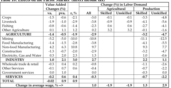 Table 10: Effects on the Factor Market  (direct income tax) 