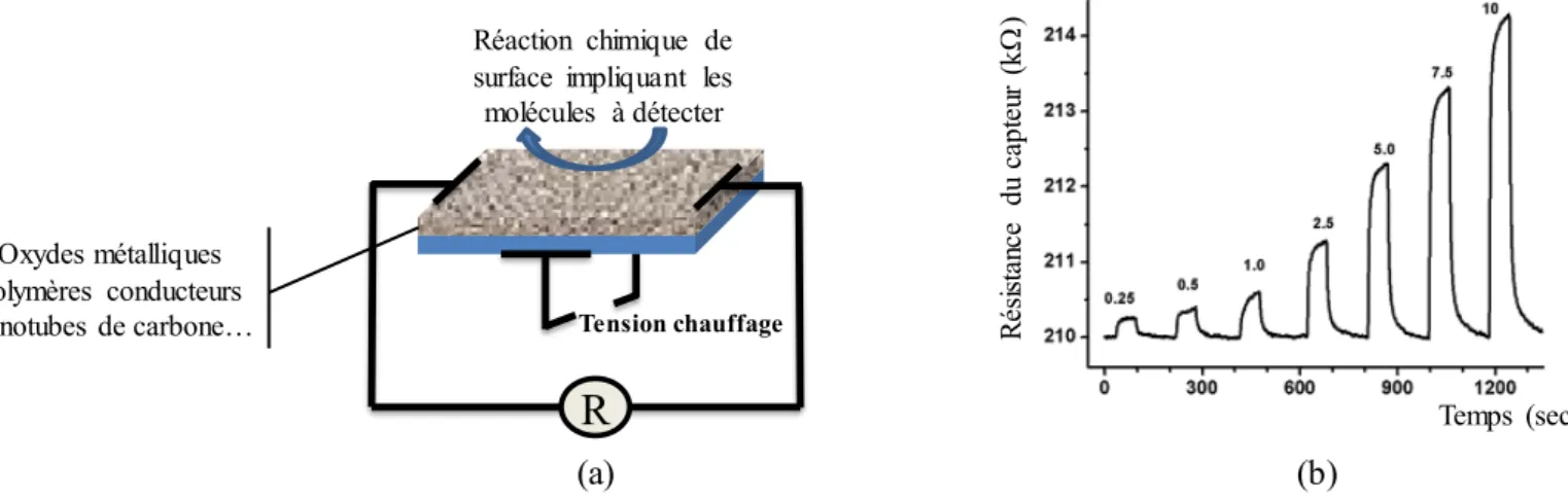 Figure I.13 : (a) schéma général d’un capteur de type résistif et (b) exemple de réponses  électriques obtenues à l’aide d’un capteur résistif à base de dioxyde d’étain lors de la détection de 