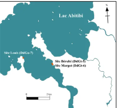 Figure 7. Emplacement des sites Bérubé, Margot et Louis  (carte redessinée de Guindon 2006 : 39) 