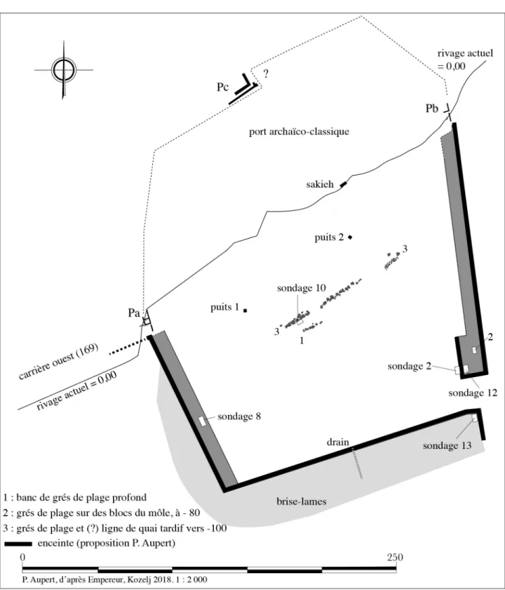 Figure 2 : réinterprétation de la fig. 1. Bancs de grés de sable (en gris), sondages cités et enceinte reconstituée