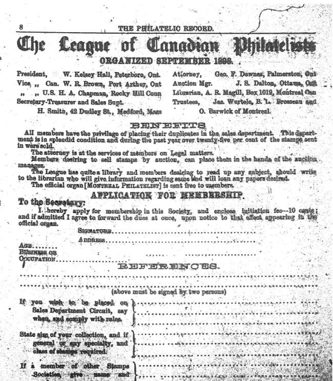 Illustration 1 : Formulaire d’adhésion à la League of Canadian Philatelists, dans The Philatelic Record, 1, 1  (1901), p