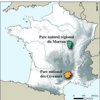 Figure 2 - Localisation du parc naturel régional du Morvan  et du parc national des Cévennes.
