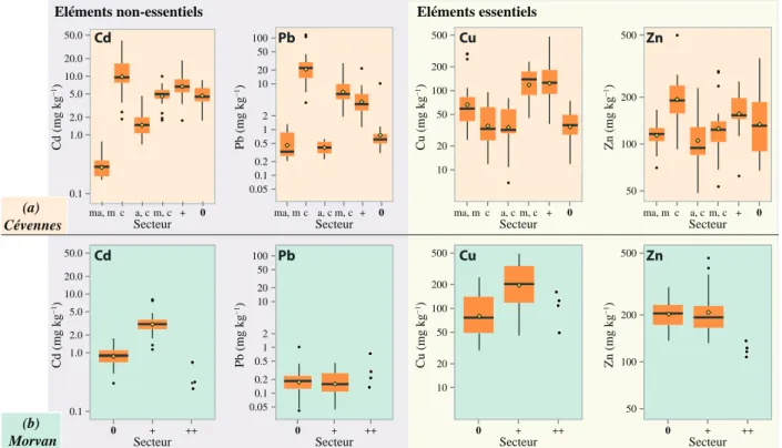 Figure 8 - Concentrations en ETMs dans les foies de truites (a) des Cévennes (Monna et al., 2011) et (b) du Morvan (Camizuli  et al., 2014), exprimées en poids sec