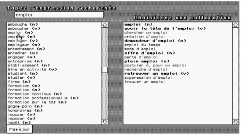 Figure 3 : choix d'une co-ocurrence ou d'une collocation pour la graphie emploi  (en gras les vocables décrits dans le dictionnaire) 