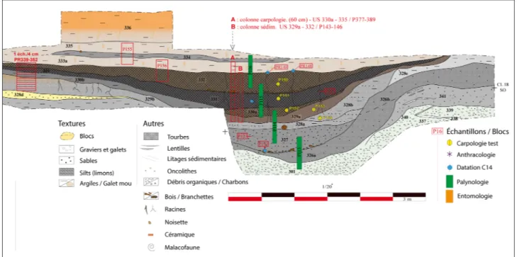 Fig. 10 - Relevé stratigraphique et prélèvements  dans un paléochenal d’Autrecourt-et-Pourron