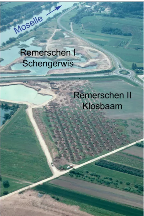 Fig. 1 -  Vue aérienne des tranchées de  diagnostic du site de Remerschen-Klosbaam. 