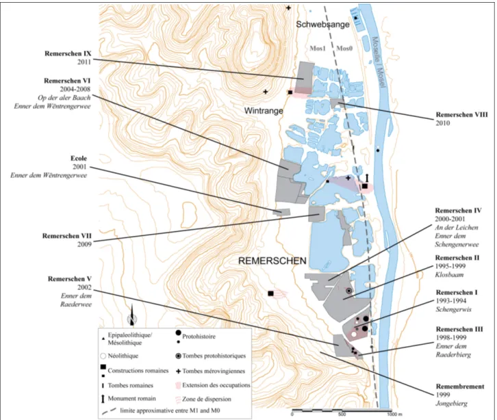 Fig. 5 - Carte du bassin de Schengen –  Schwebsange, localisation des diagnostics et  des découvertes