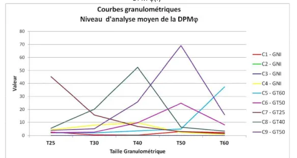 Figure 3-18 : Analyse des courbes granulométriques de la classification du niveau d’analyse « moyen » de la  DPM  ϕ (f) 