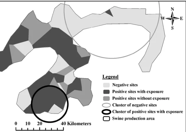 Figure 1. Geographical distribution of sites in the moderate density (MD) area according to  their PRRSV status and the use of voluntary gilt exposure to wild-type or vaccine PRRSV  strain in PRRSV positive sites