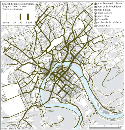 Fig. 2 - Hiérarchie des tronçons de voie selon leur charge piétonnière