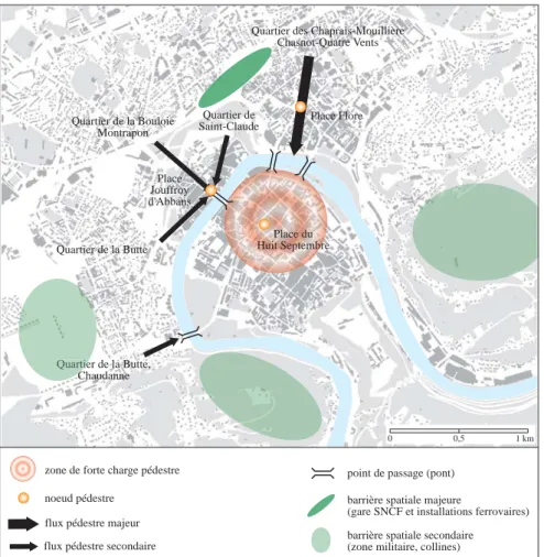 Fig. 4 : Synthèse : les déplacements pédestres à Besançon