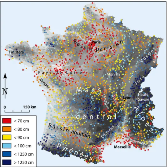 Figure  1 :  Localisation  des  2031  stations  qui  enregistrent  les  hauteurs  de  précipitation  en  France 