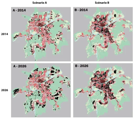 Figure 2 :  deux  scenarios  montrent  des  urbanisations  très  différentes,  projetées  en  2014  puis  en  2026