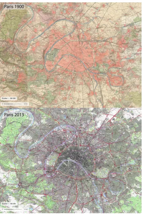 Figure 1. 3 : Développement de l’urbanisation autour de Paris entre 1900 et 2013(Source :  Géoportail – Carte Topographique 1900 – 2013)