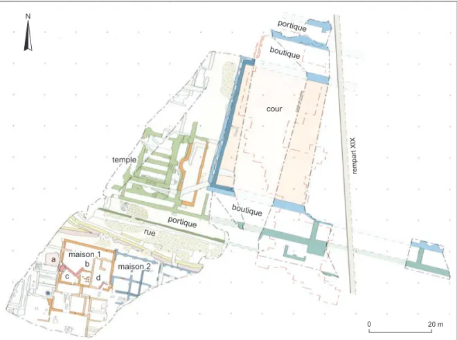 Fig. 8 - Plan du quartier de la place Bel-Air (M. Joly, d’après E. Frézouls ; DAO : B. Turina).