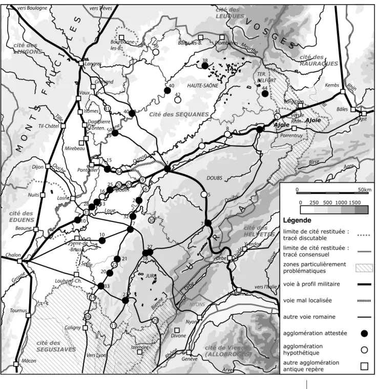 Fig. 2 : carte des  agglomérations antiques  de Franche-Comté. 