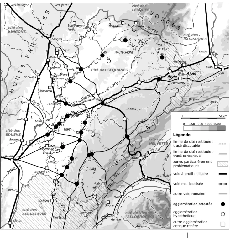 Fig. 2 : carte des  agglomérations antiques  de Franche-Comté. 