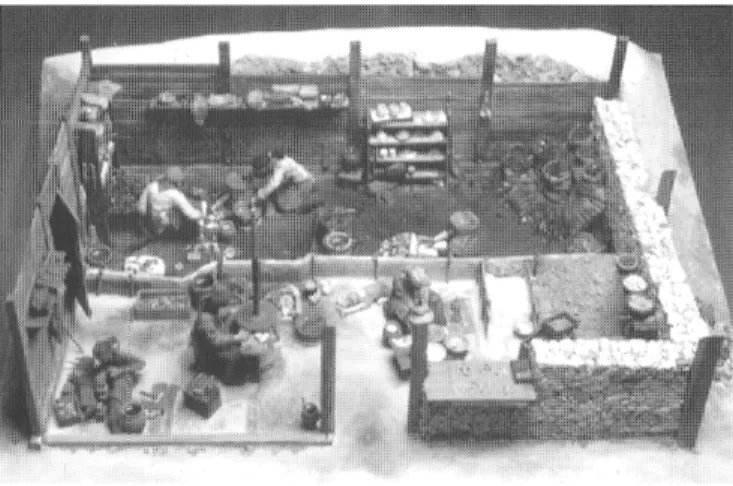 Fig. 36 - Vue en perspective de la maquette de restitution de l'atelier  des bronziers présentée au musée de Bibracte (éch