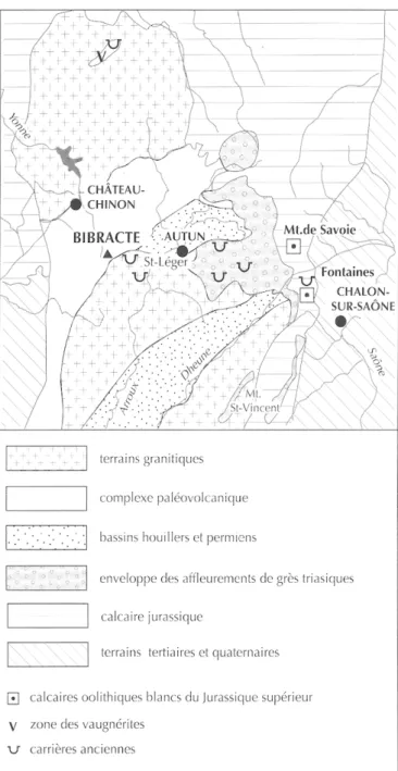 Fig. 37 - Potentiel géologique et matériaux de construction exploités  dans l'environnement du Mont Beuvray
