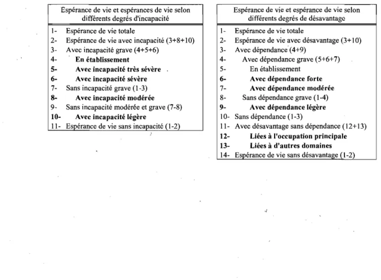 Tableau 2.8 Espérance de vie, espérances de vie selon différents degrés d'incàpacité et  de désavantage 