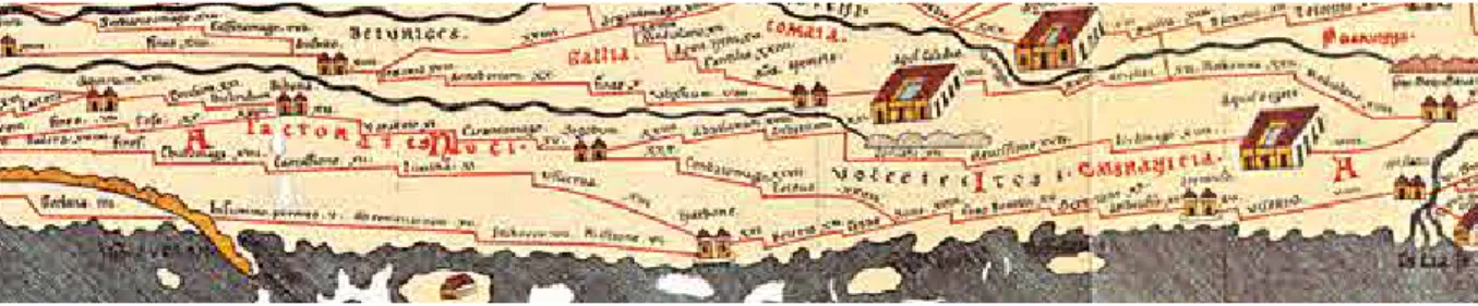 Figure 5 — Détail d’un fac-similé de  la  Table de Peutinger, copie  médié-vale (vers 1250) d’une carte antique  figurant les itinéraires à l’échelle de  l’empire romain