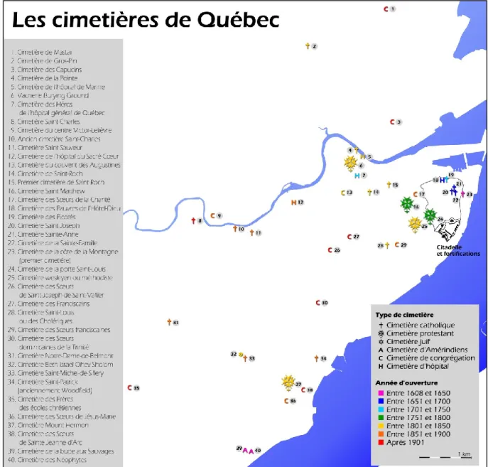 Figure 11.  Répartition  des  cimetières  à  Québec,  dans  l’arrondissement  La Cité-Limoilou  et  le  quartier  Sillery  (données  tirées de Labelle 2013 et de Roy 1941) 