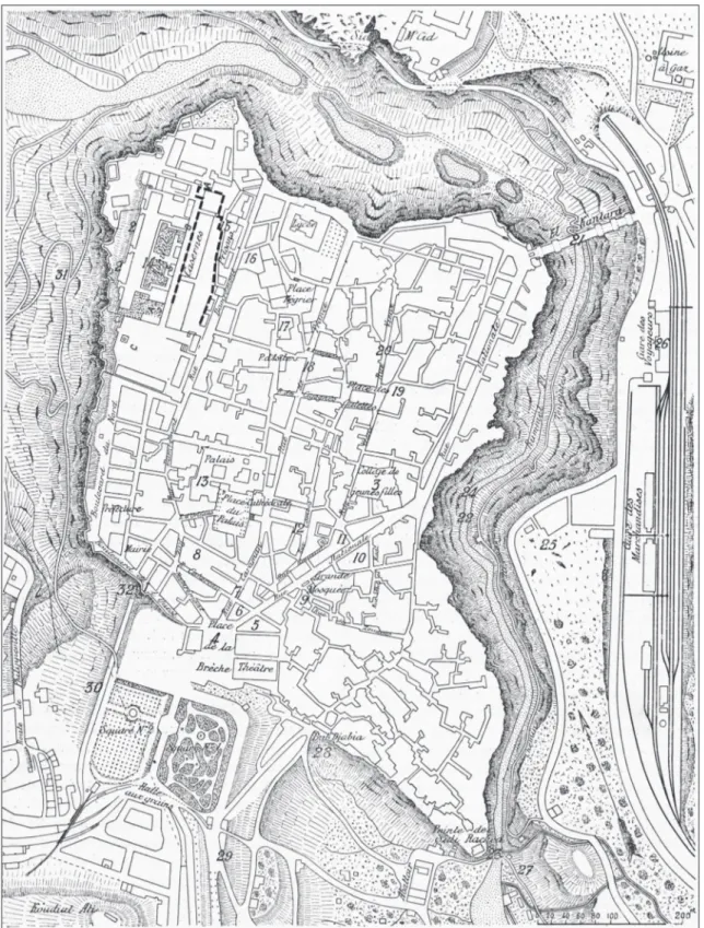 Fig. 3.   Plan de Constantine à la fin du xix e  siècle : en pointillé, l’emplacement des citernes romaines