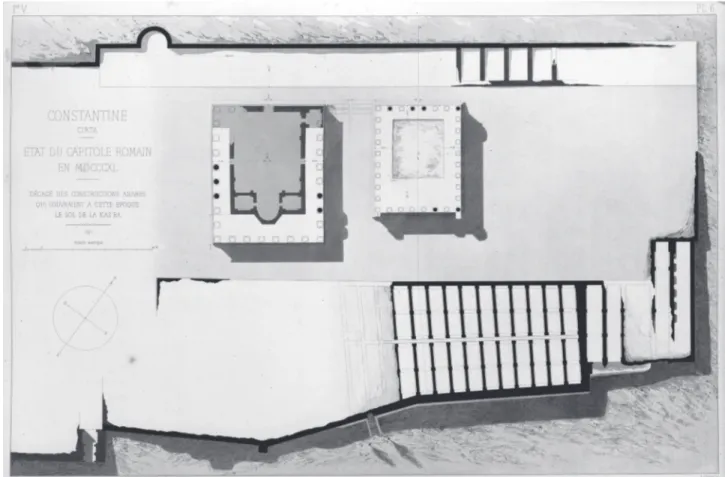 Fig. 4.   Plan des temples et des citernes du capitole de Cirta en 1840 (d’après Ravoisié 1846, 1, pl. 6).