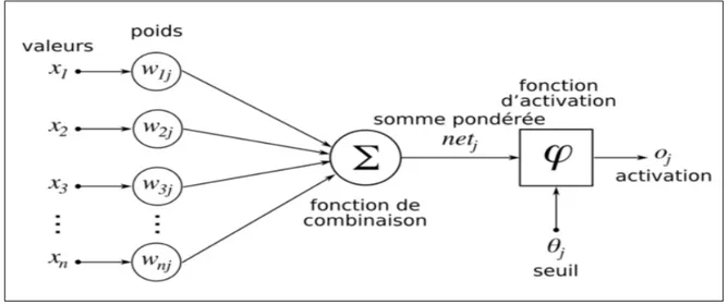 Figure 3.11  Exemple d’un réseau de neurones avec une fonction d’activation  Tirée de Voix schématique d'un neurone artificiel avec un index j (wikipedia, 2005) 