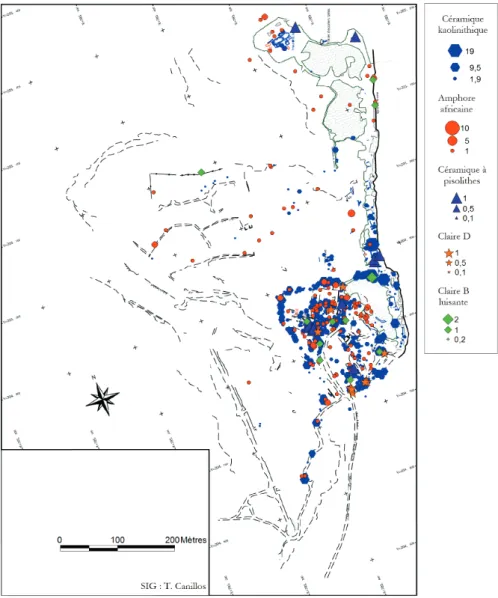 Figure 4 : Répartition spatiale des artefacts  datant  de  l’Antiquité  tardive  et  du  Moyen  âge.