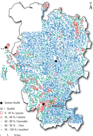 Figure 6. Carte des indices de qualité pour les sédiments (SQI)  calculés pour l’ensemble du Parc naturel régional du Morvan  (C AMIZULI  et al., 2014b)