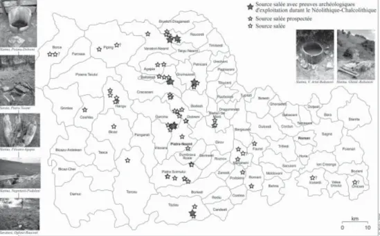 Figure 4. Relation entre peuplement (6 000-3 500 BC) et sources salées à l’échelle de la commune dans le  département du Neamt: densité de peuplement et nombre de sources salées (en haut); densité de sources  salées et nombre d’établissements (en bas)